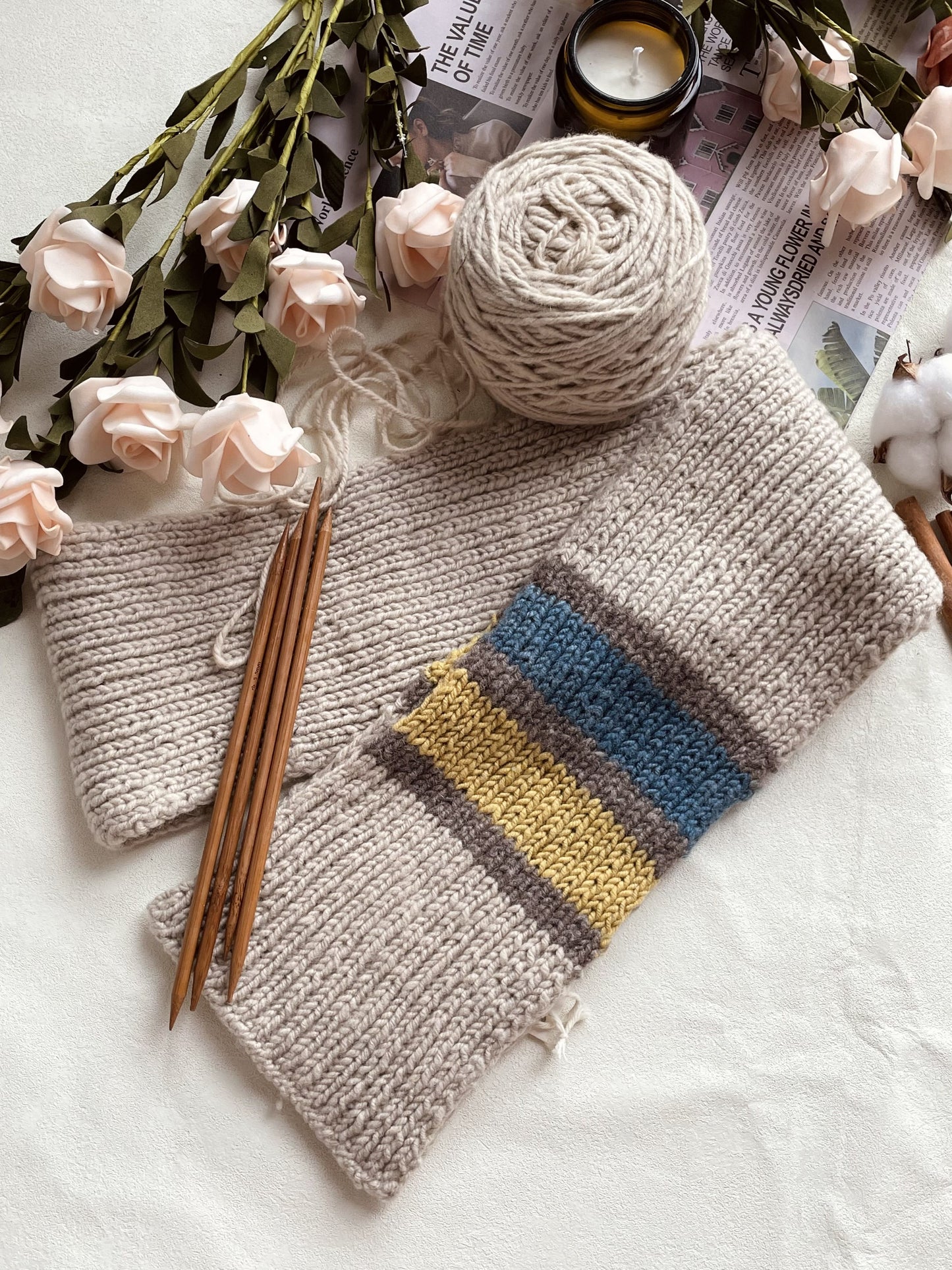 Stripe Scarf (natural brown with blue and cream stripe)