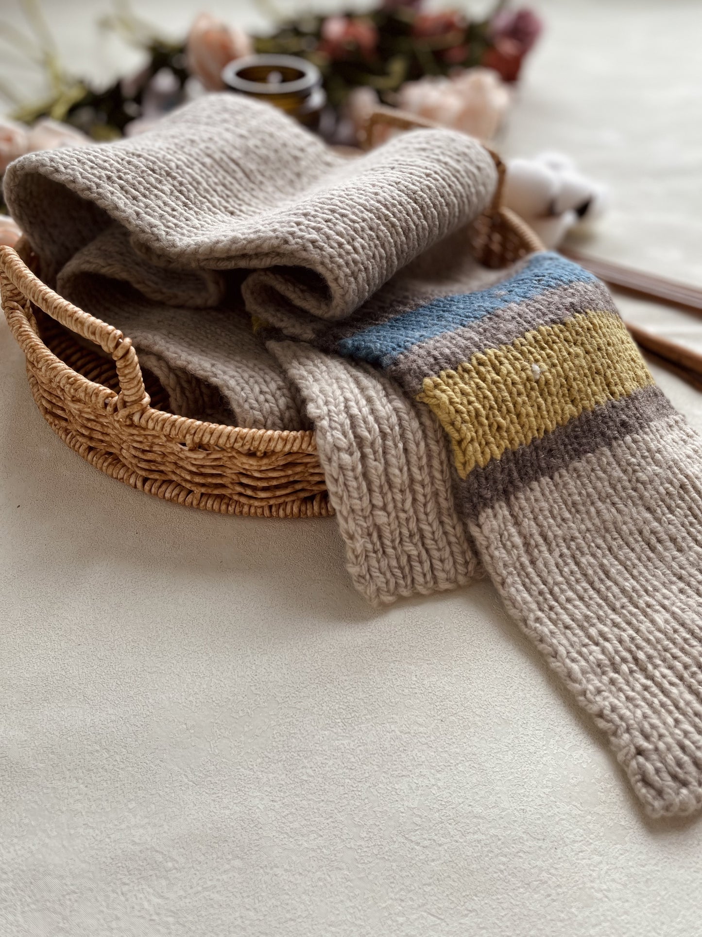 Stripe Scarf (natural brown with blue and cream stripe)