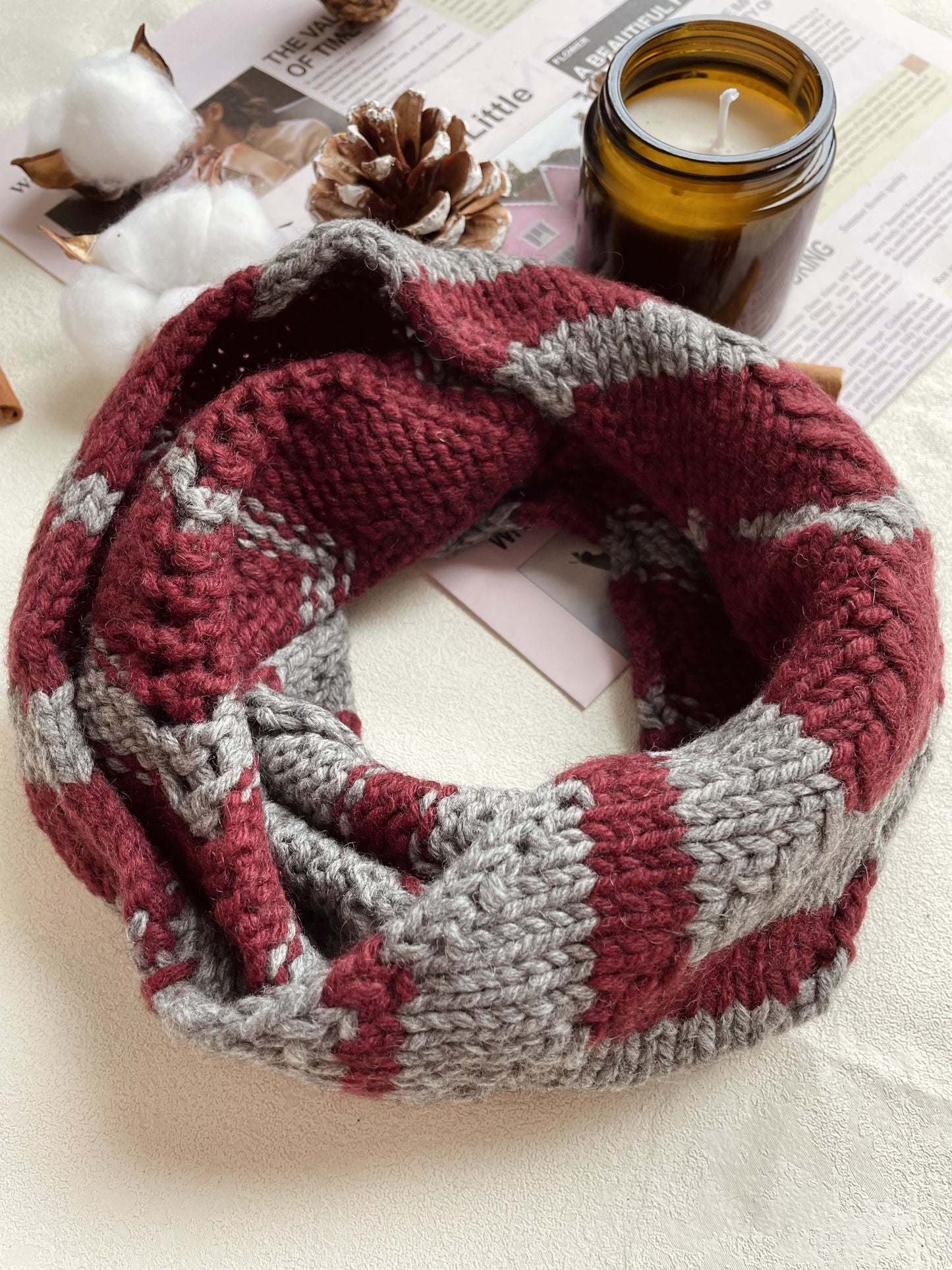 Chevron Cowl (grey and burgundy)