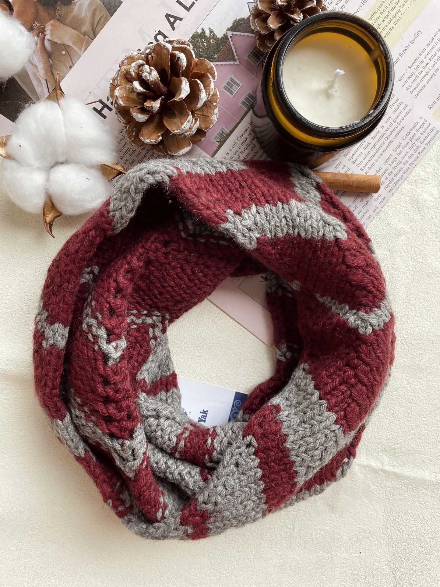 Chevron Cowl (grey and burgundy)